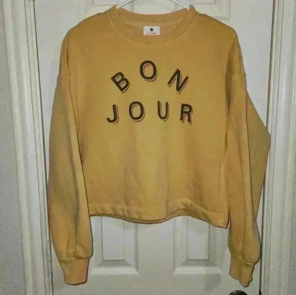 Anthropologie‎ Sundry Bonjour Cropped Crewneck Yellow Size Small